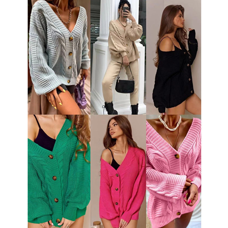Damen Grobstrick Cardigan Voluminöse Ärmel Große Knöpfe Eveloria