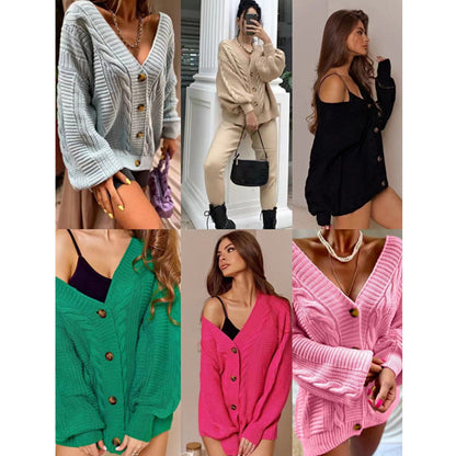 Damen Grobstrick Cardigan Voluminöse Ärmel Große Knöpfe Eveloria