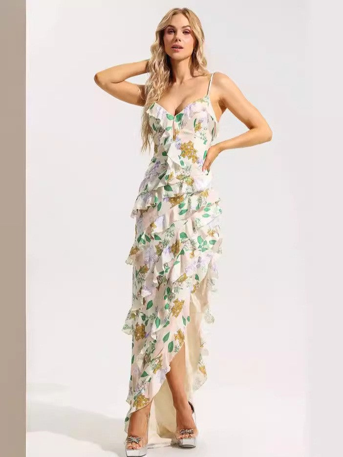 Damen Maxikleid Rüschen Floralmuster Tiefbeinschlitz