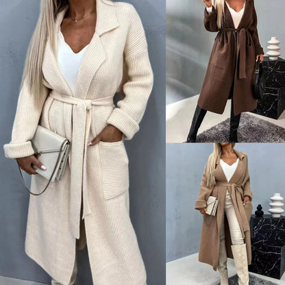 Damen Langstrickjacke mit Taschen und Gürtel Eveloria - Eveloria