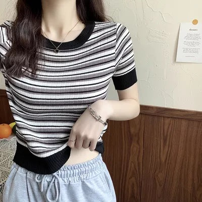 Damen Kurzarmshirt Streifenmuster Elastisch Weiß