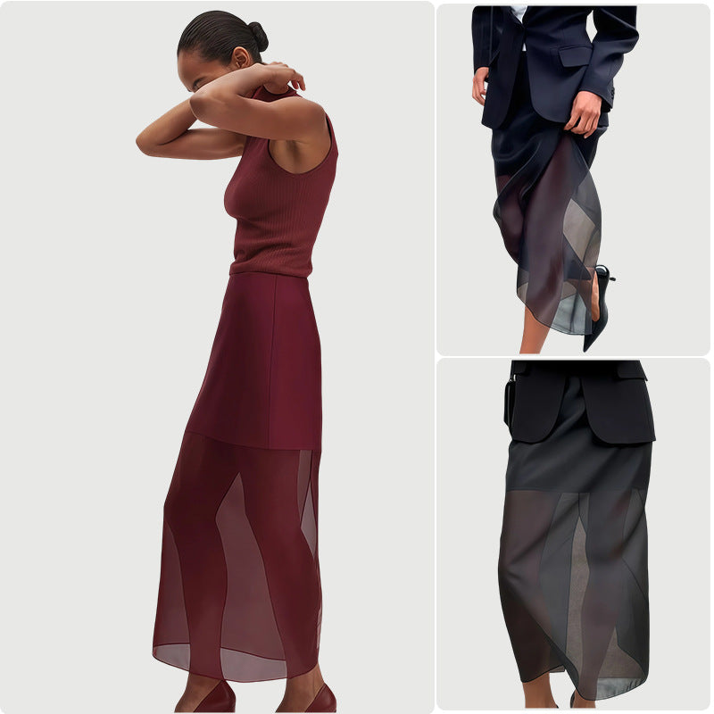 Damen Midi-Rock Durchsichtig Mit Schlitzen Strukturierte Taille - Eveloria