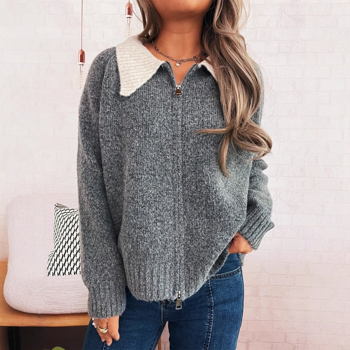 Damen Strickjacke Kontrastkragen Reißverschluss Grau Eveloria - Eveloria