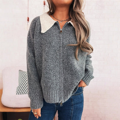 Damen Strickjacke Kontrastkragen Reißverschluss Grau Eveloria - Eveloria