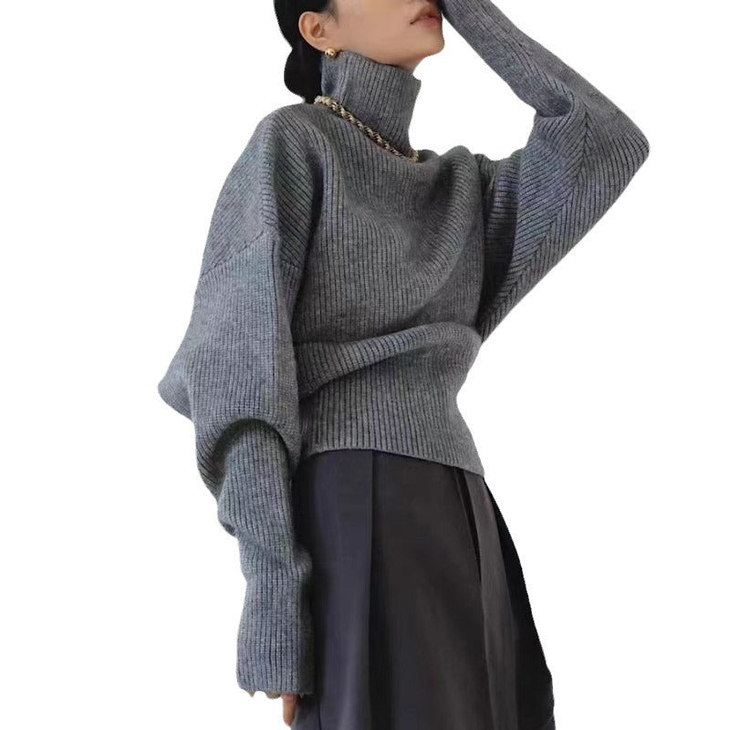 Damen Rollkragenpullover Strukturiertes Muster Weite Ärmel