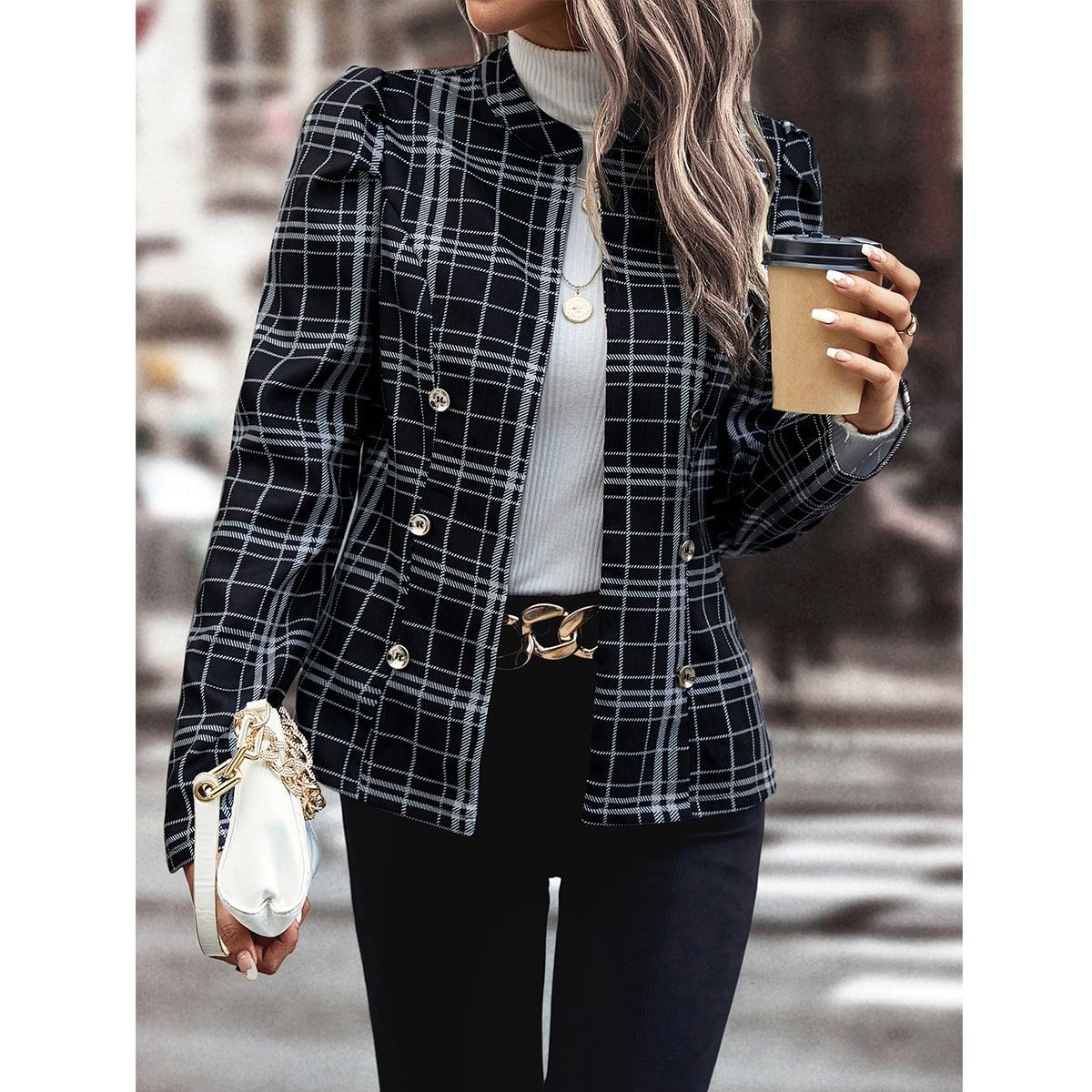 Damen Karierte Blazerjacke mit Knöpfen Schwarzweiß Eveloria - Eveloria