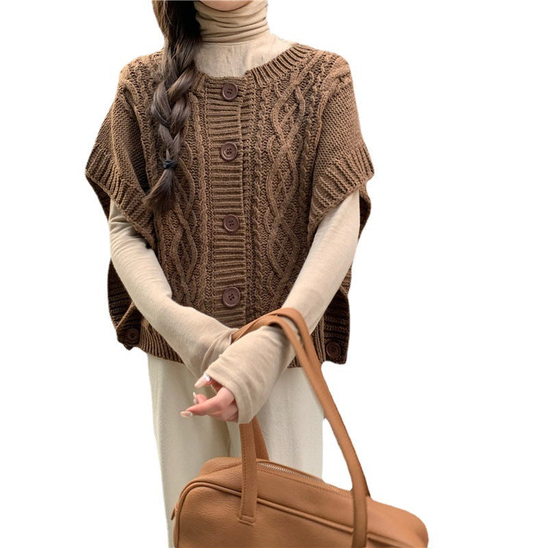 Damen Strickpullover Zopfmuster Knopfleiste Eveloria