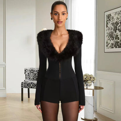 Damen Jumpsuit Fellkragen Figurbetont Eveloria