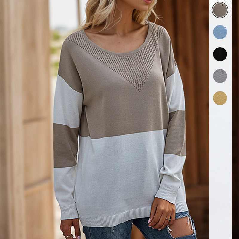Damen Strickpullover Modernes Blockdesign Rundhals Beige - Eveloria