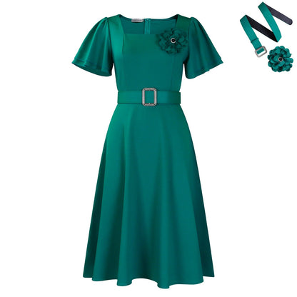 Damen Midi Kleid Geraffter Ausschnitt Breiter Gürtel Eveloria