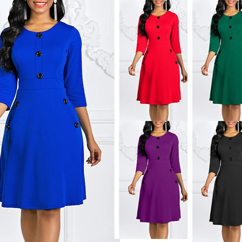 Eveloria Damen Kleid Knieumspielend 3/4-Ärmel Schmuckknöpfe - Eveloria