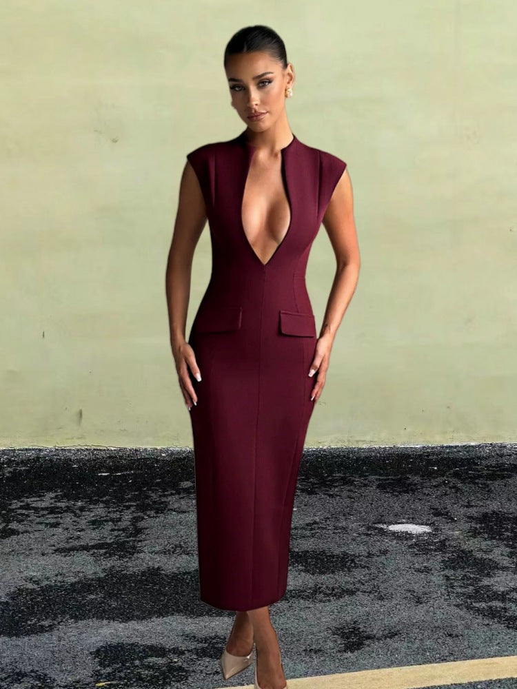 Damen Kleid V-Ausschnitt Figurbetont mit Taschen Eveloria
