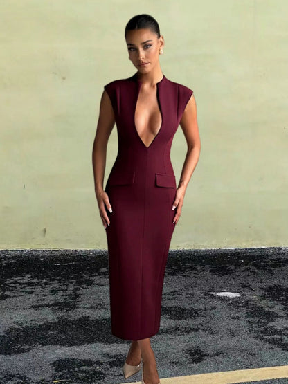 Damen Kleid V-Ausschnitt Figurbetont mit Taschen Eveloria