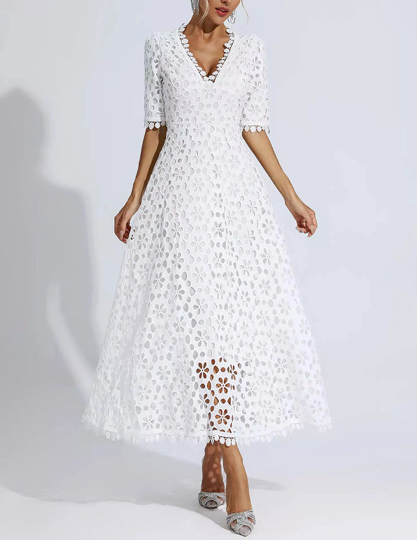 Damen Midi Kleid Floral Stickerei V-Ausschnitt
