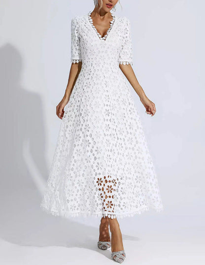 Damen Midi Kleid Floral Stickerei V-Ausschnitt
