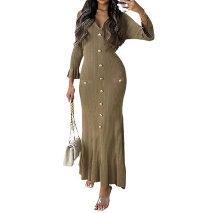 Damen Maxikleid Elegant Knopf-Design Rippstrick