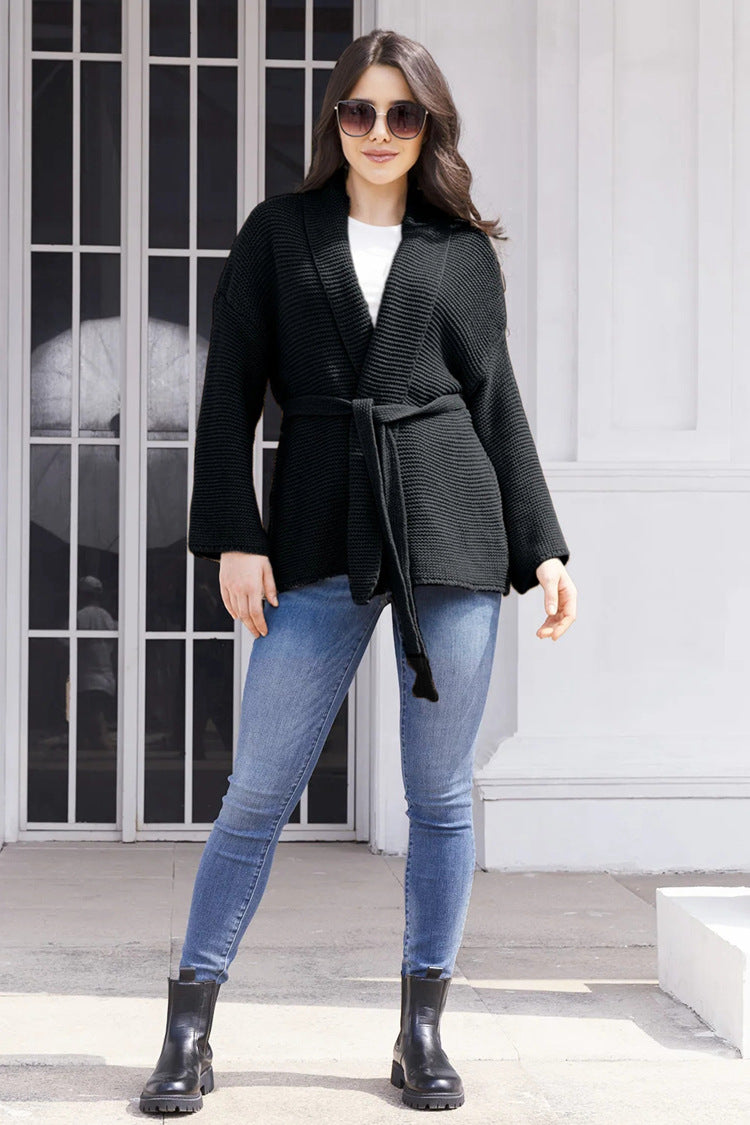 Damen Strickjacke Wickeldesign Bindegürtel Beige Eveloria