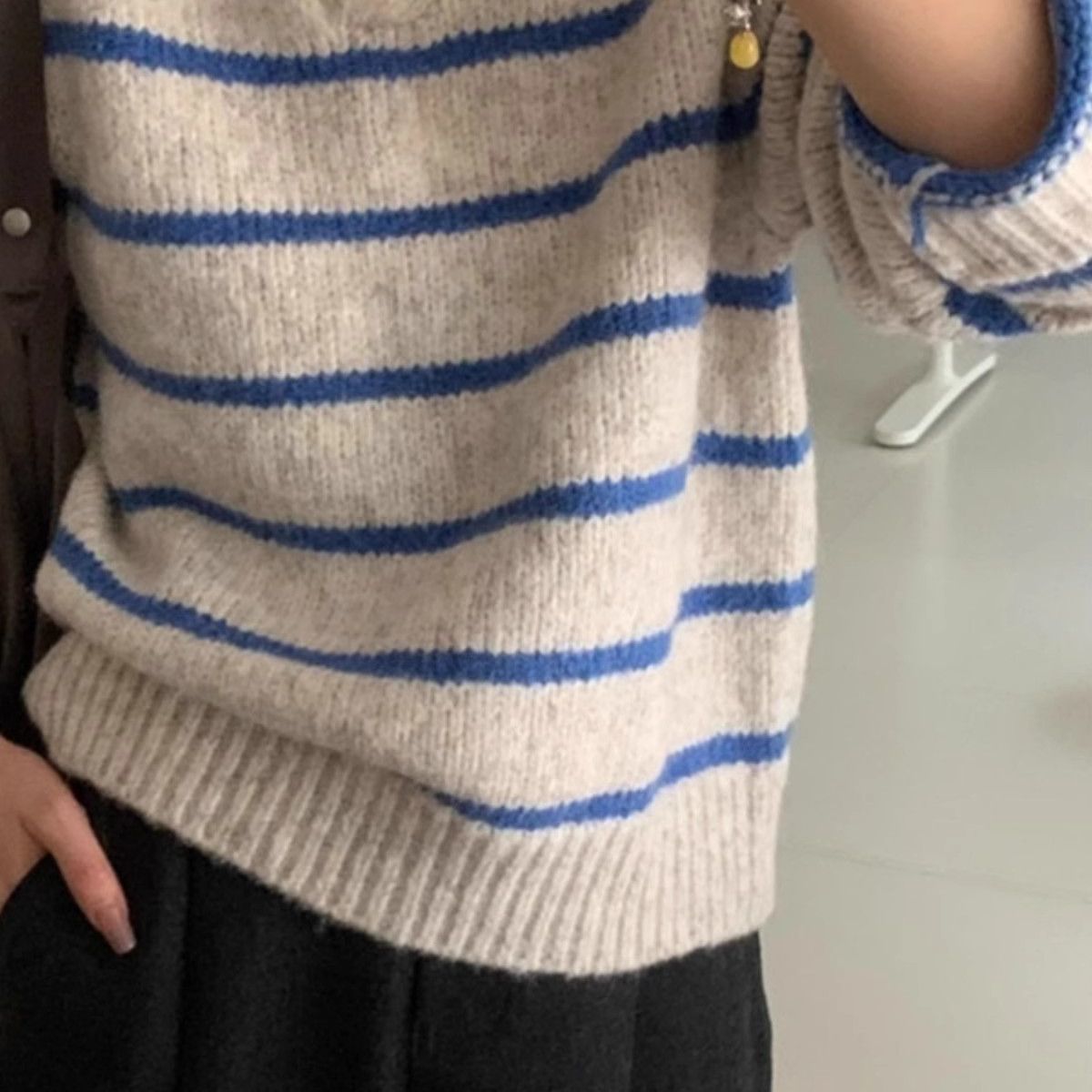 Damen Strickpullover V-Ausschnitt Streifen