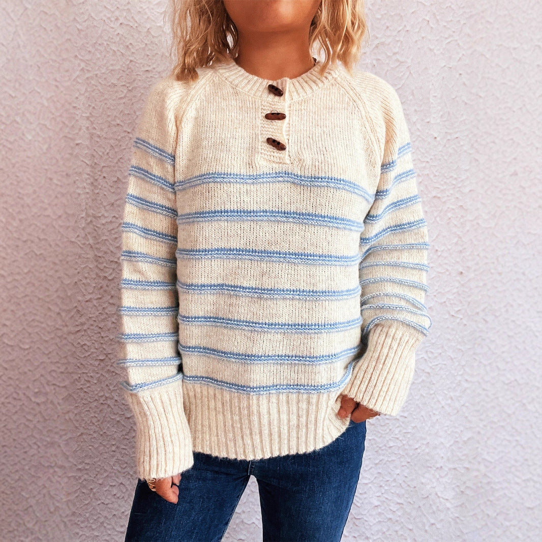 Damen Strickpullover Gemustert Knopfdetails Weiter Hals - Eveloria