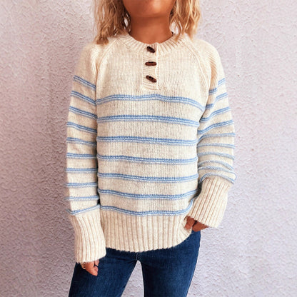 Damen Strickpullover Gemustert Knopfdetails Weiter Hals - Eveloria