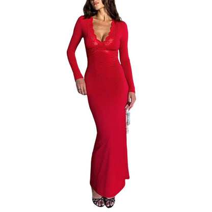 Damen Maxikleid mit V-Ausschnitt Spitze Eveloria