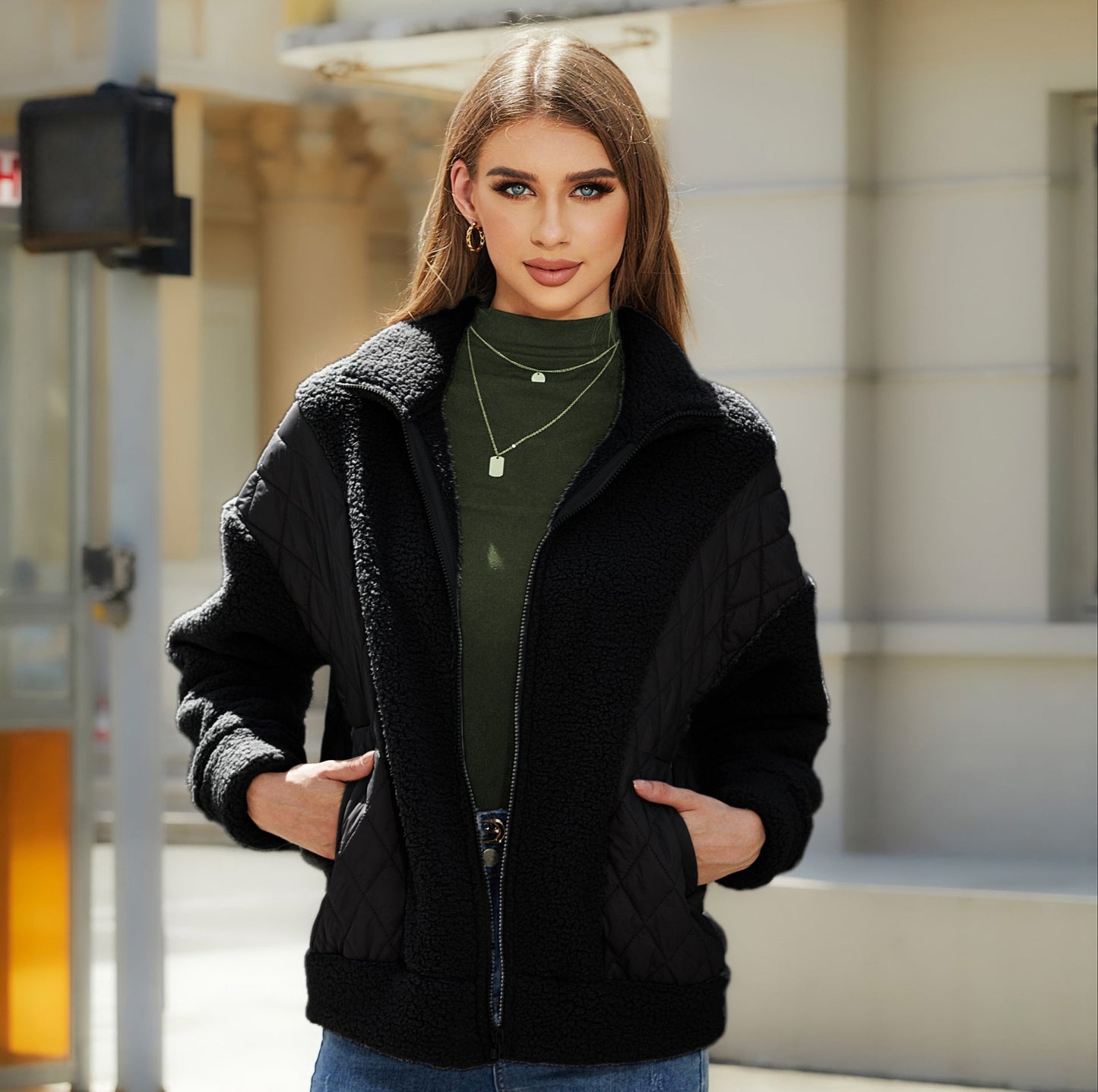 Damen Fleecejacke Steppdetails Praktische Taschen Kuschelig Grau
