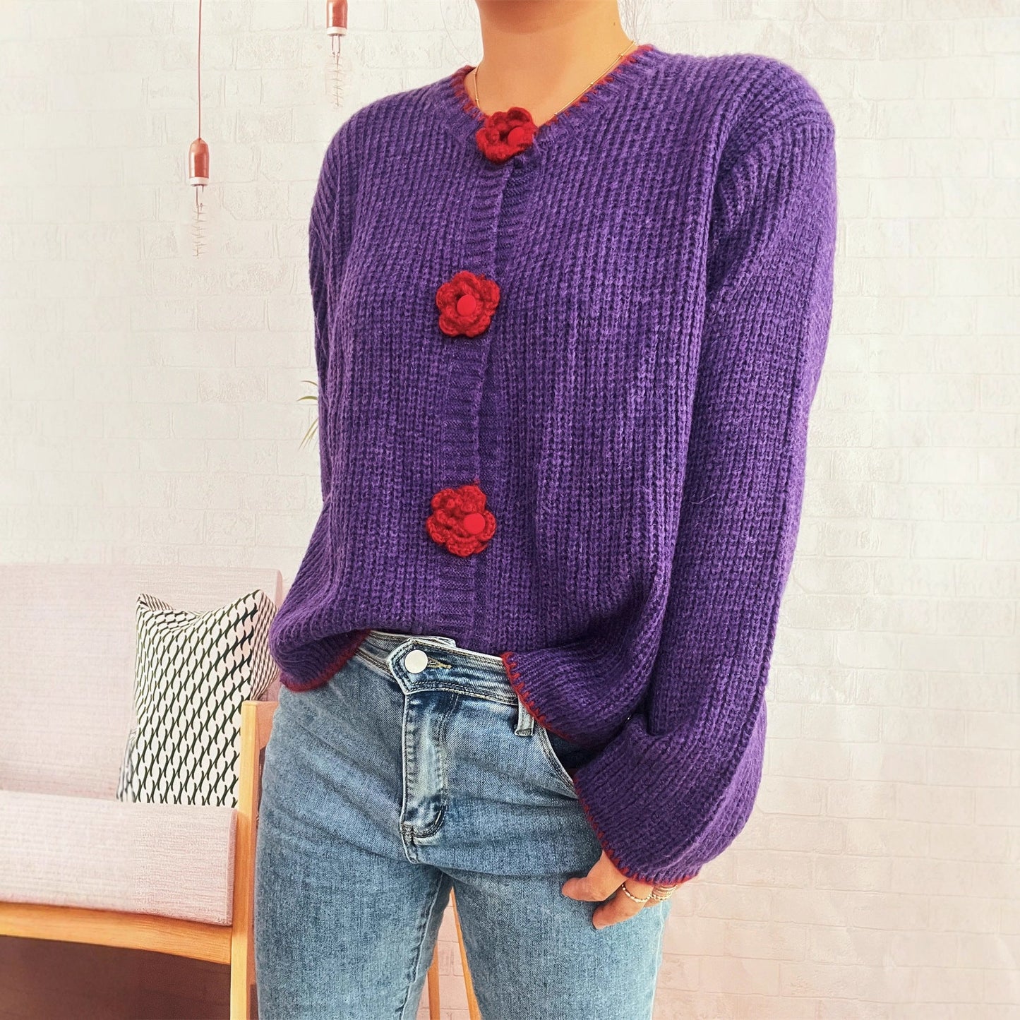 Damen Strickjacke Florale Knöpfe Strukturiert Eveloria
