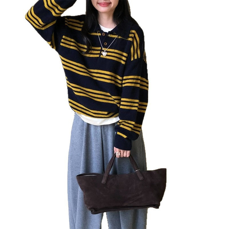 Damen Strickpullover mit Knöpfen und Streifenmuster