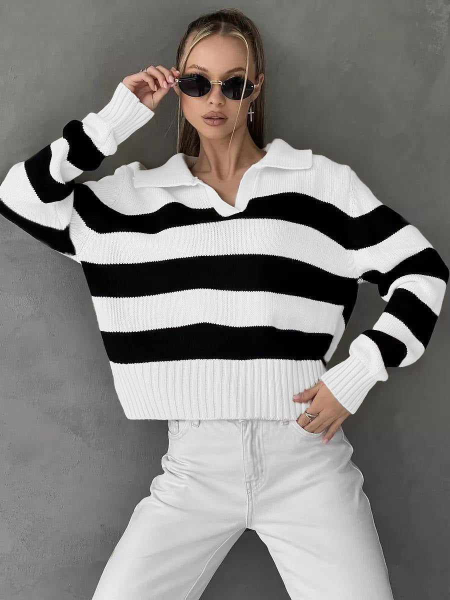 Damen Sportpullover Streifenmuster Kragen Eveloria