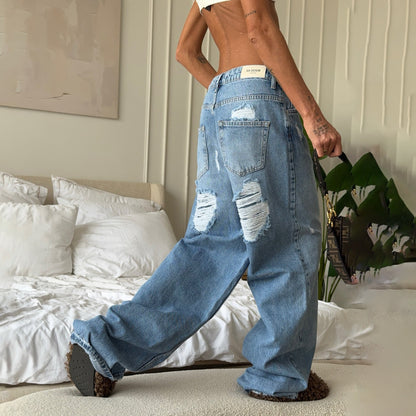 Damen Weite Jeans Destroyed Details Blau Eveloria