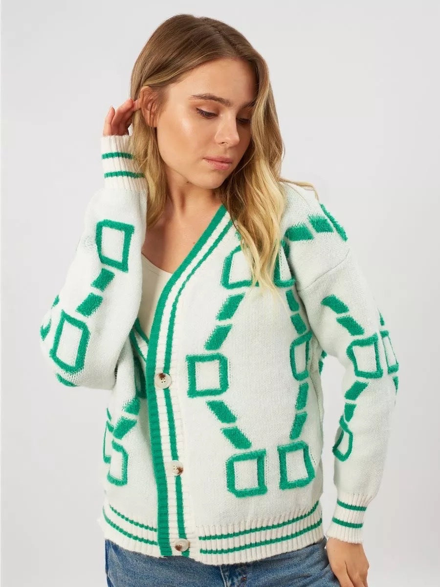 Damen Strickjacke Bunt Geometrisches Muster Knöpfe Eveloria