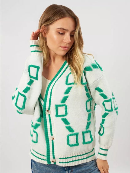 Damen Strickjacke Bunt Geometrisches Muster Knöpfe Eveloria