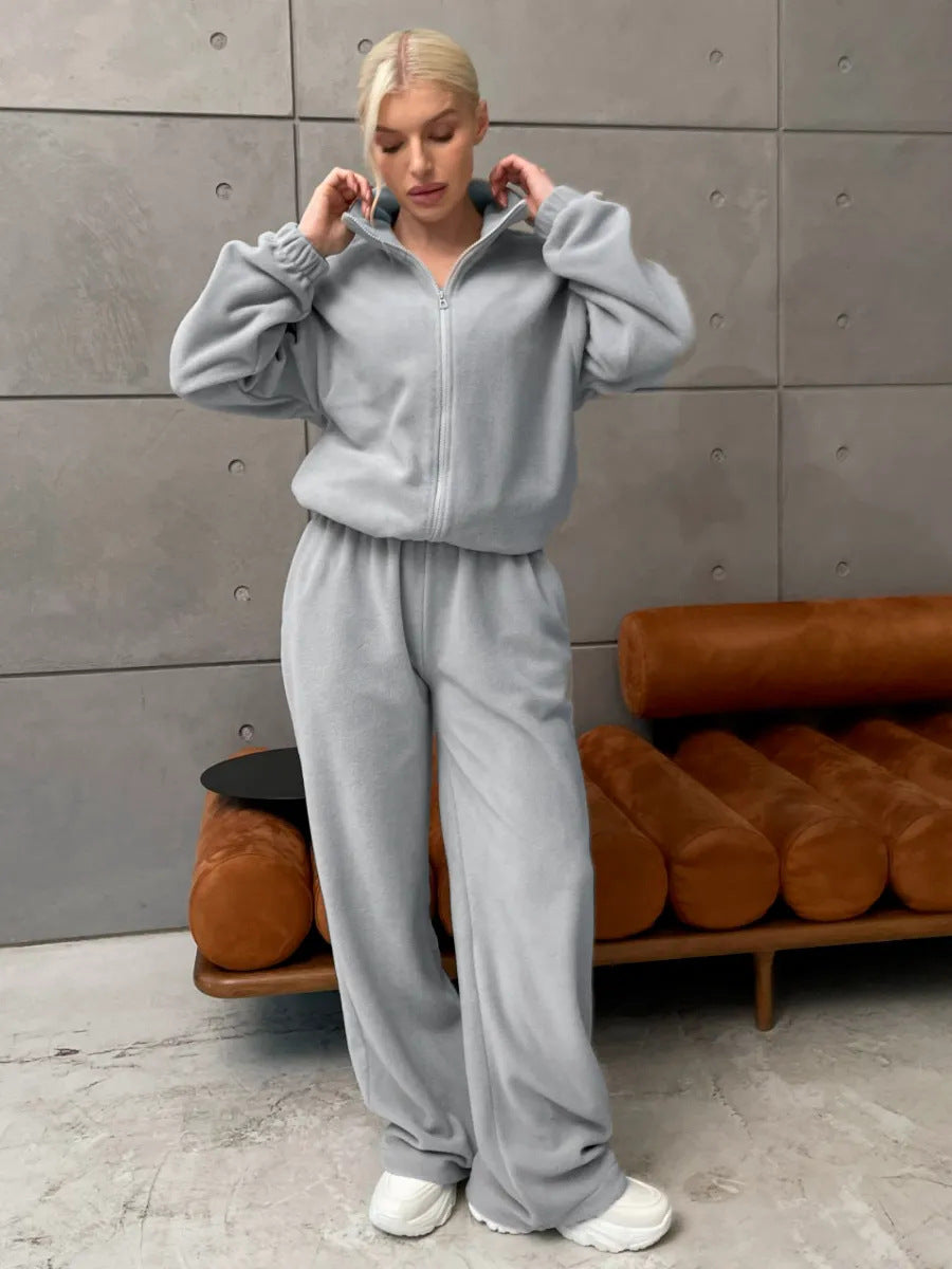 Damen Fleece Trainingsanzug Hochkragen Reißverschluss Eveloria