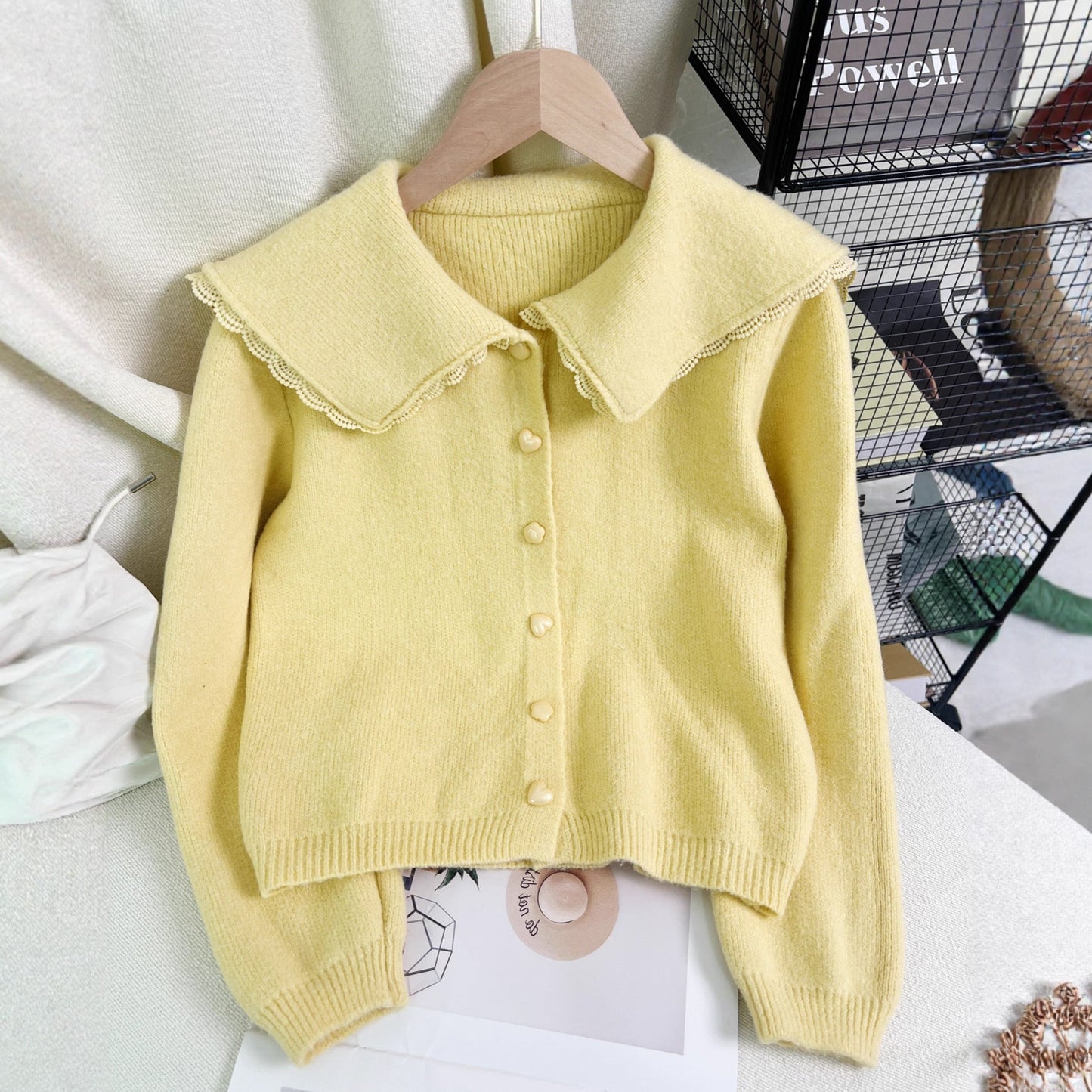Damen Strickjacke Großer Kragen Dekorative Knöpfe Grau