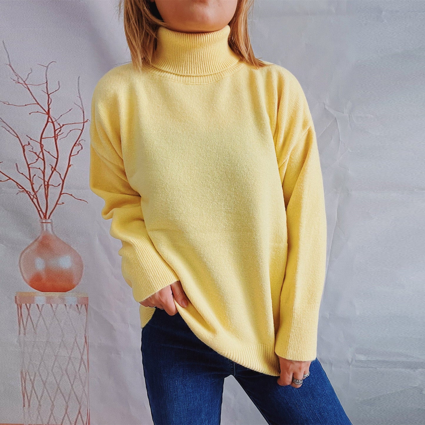 Damen Grobstrickpullover Hoher Kragen Locker Damen Pullover - Eveloria