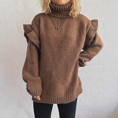 Damen Strickpullover Hohler Kragen Rüschen-Details Eveloria