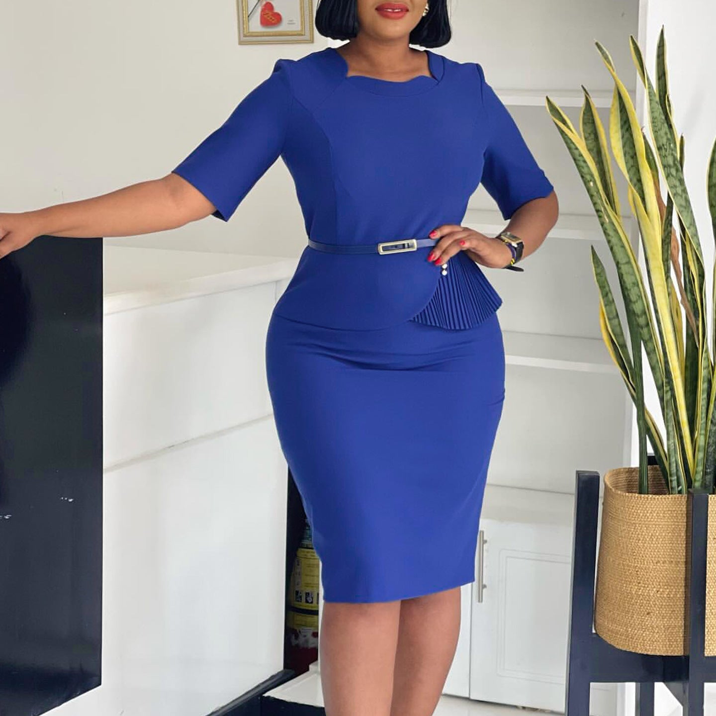 Damen Midi-Kleid Drapierung Vorderseite Abnehmbarer Gürtel Eveloria - Eveloria
