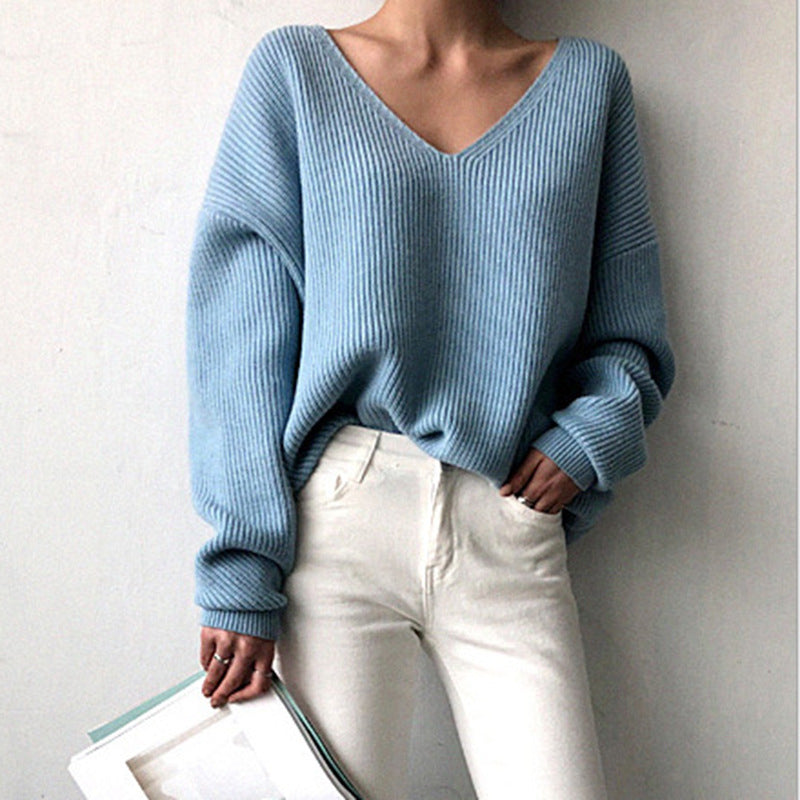 Damen Pullover V-Ausschnitt Strukturierter Look Breite Ärmel Grau