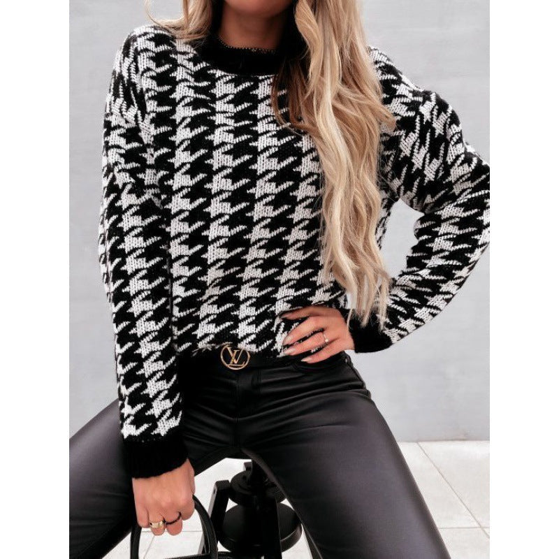 Damen Pullover Hahnentrittmuster Lässiger Schnitt Grau