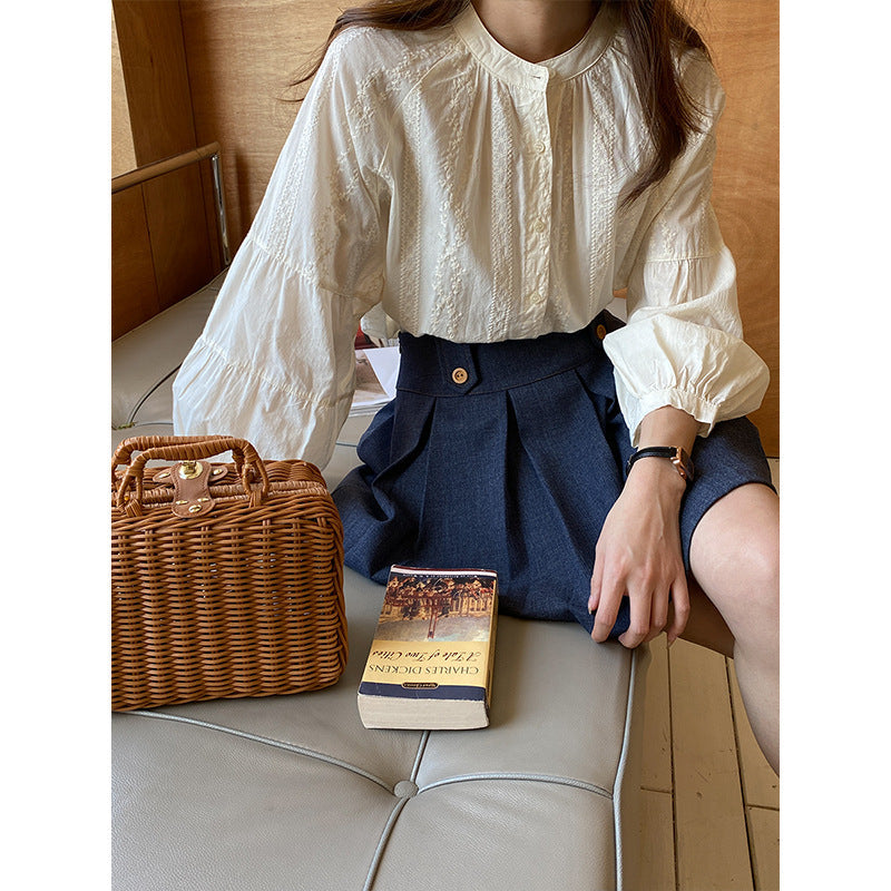 Damen Bluse Puffärmel Feines Stickdesign Weiße Bluse Eveloria