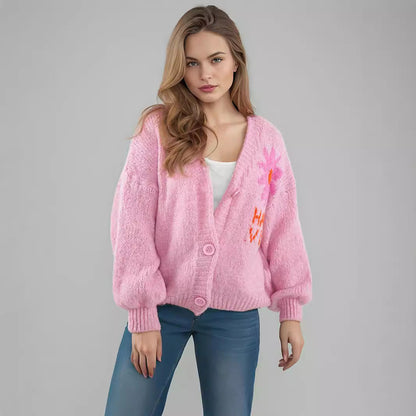 Damen Strickjacke Blumenmotiv Bunt Große Knöpfe