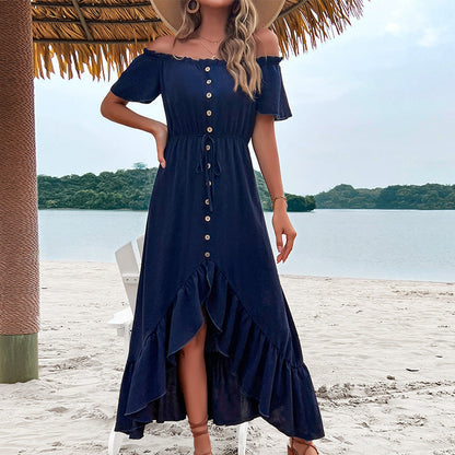 Damen Maxikleid Schulterfrei Knöpfbarem Vorderteil Eveloria