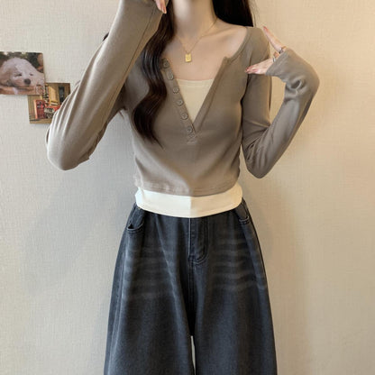 Damen Langarmshirt Rundhalsausschnitt Knopfleiste Eveloria