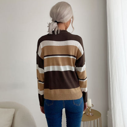 Damen Strickpullover Farbiges Streifenmuster Hoher Kragen