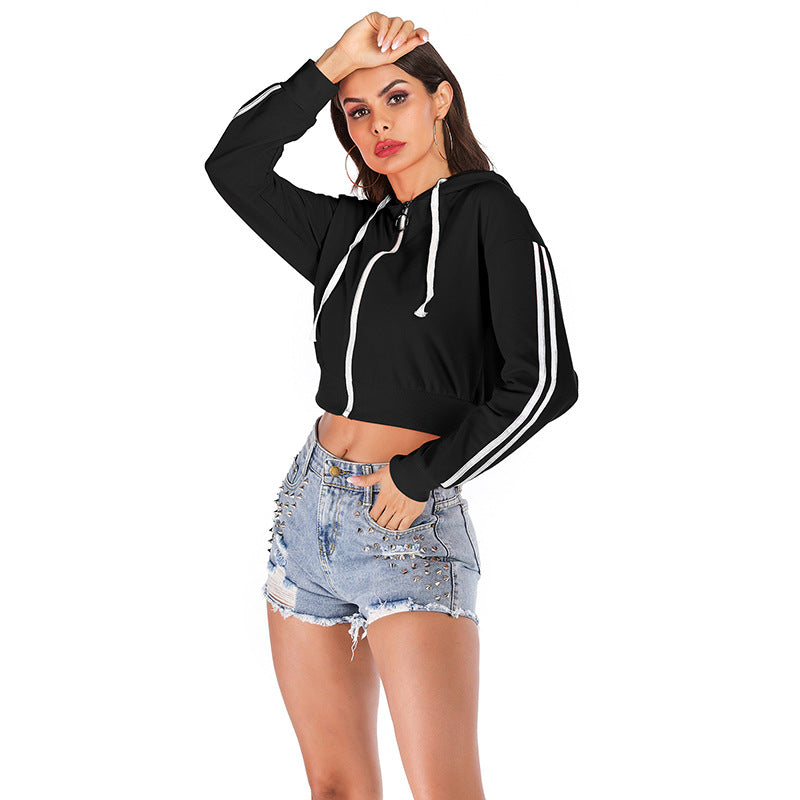 Damen Cropped Kapuzenpullover Hochwertiger Stoff Seitliche Streifen