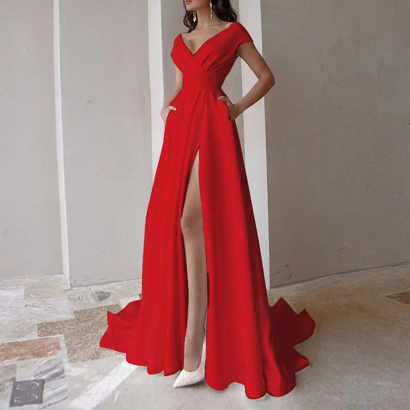 Damen Cocktailkleid V-Ausschnitt Geschwungen Saum Eveloria