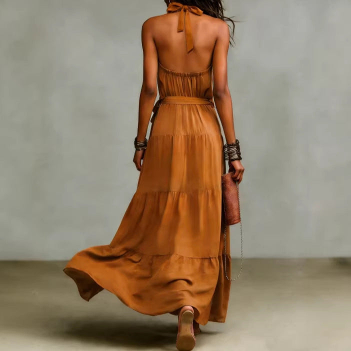 Damen Maxikleid Tiefes Rückendesign Taillengürtel Eveloria