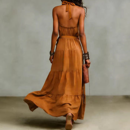 Damen Maxikleid Tiefes Rückendesign Taillengürtel Eveloria