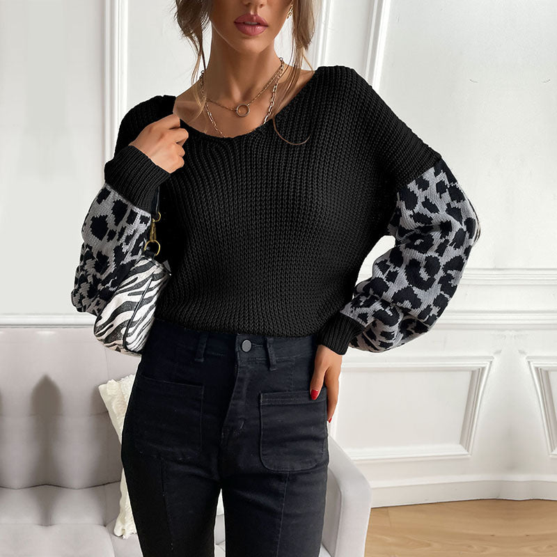 Damen Strickpullover Animal-Print Ärmel