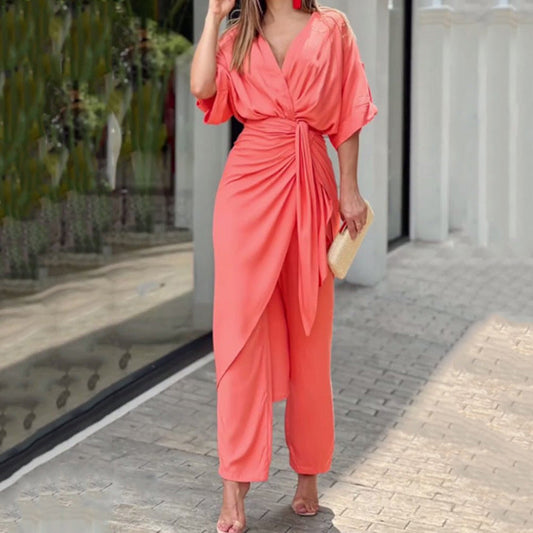 Damen Wickeljumpsuit Lässig Tailliert Eveloria - Eveloria